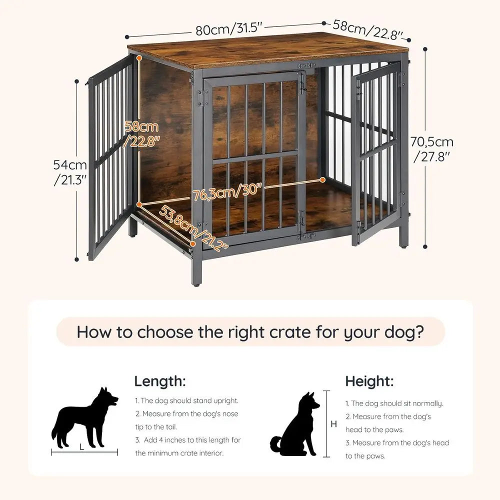 Heavy Duty Dog Crate urniture, 31.5" Wooden Indoor Kennel with 3 Do, Chew Resistant Metal Cage or Small and Medium Breeds, Dog C