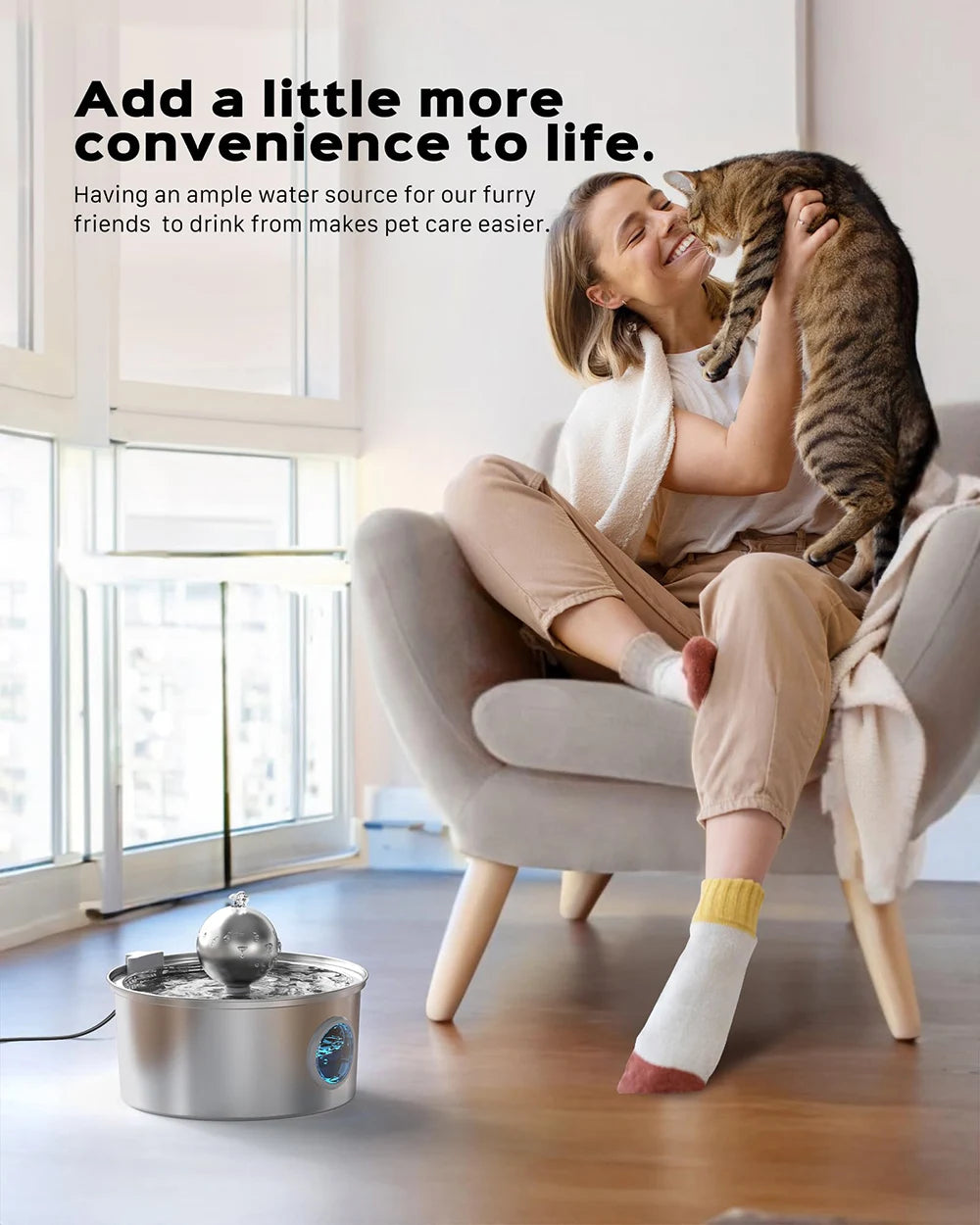 ZYFeeder 4L Cat Drinking Fountain Stainless Steel Pet Water Feeder with Window Silent Automatic Cat Dog Water Feeder Not Plug