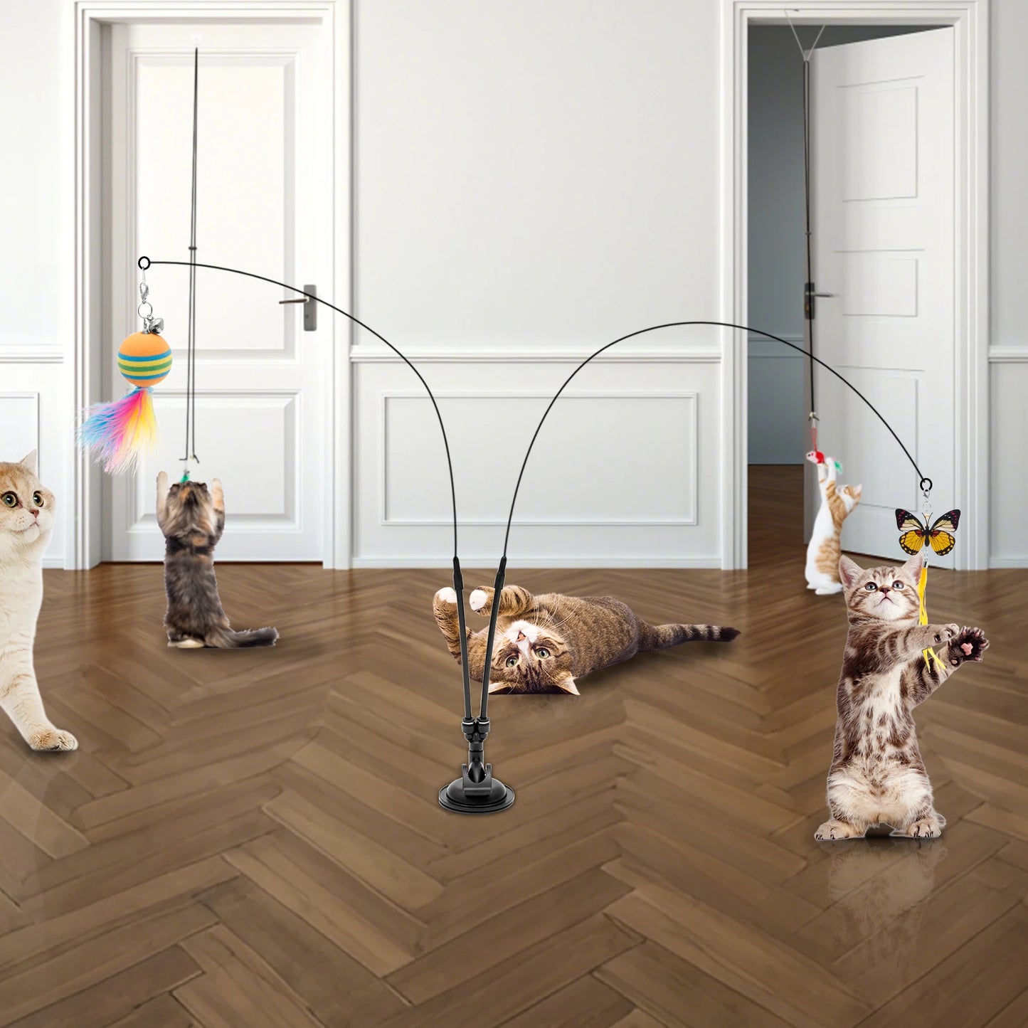 Interactive Cat Feather Toy Indoor Cat Teaser Stick with 2 Wand 11 Feather Toy Suction Cup and 2 Type Of Door Hanging Cat String