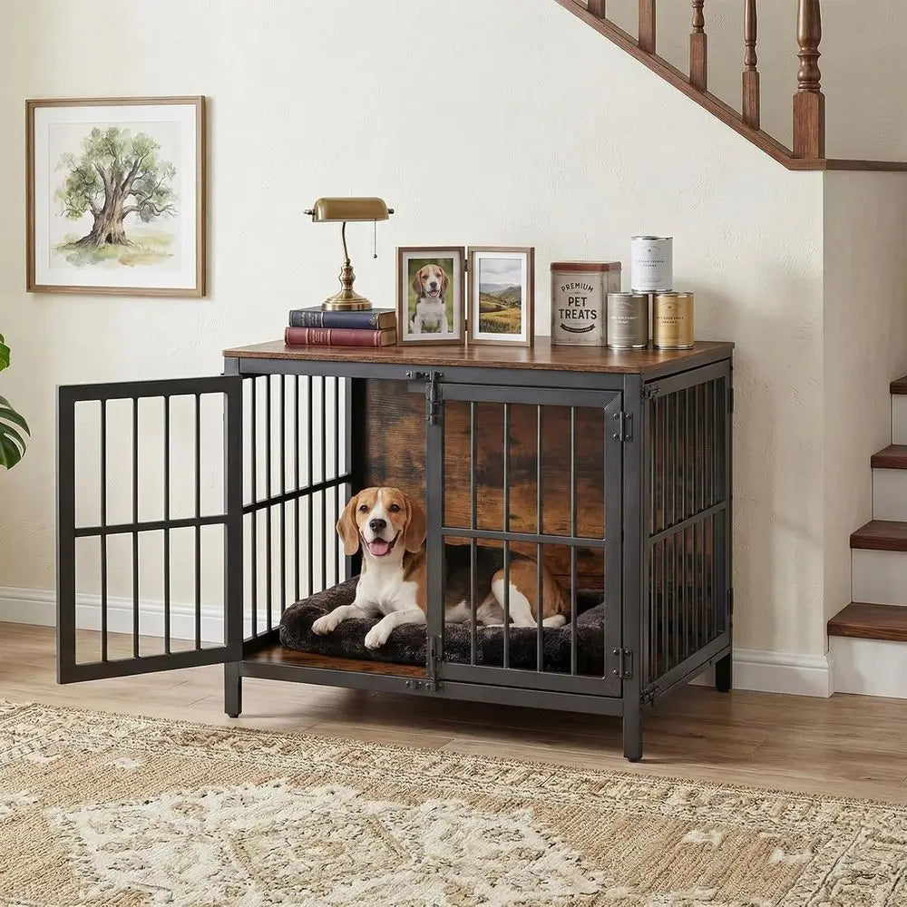 Heavy Duty Dog Crate urniture, 31.5" Wooden Indoor Kennel with 3 Do, Chew Resistant Metal Cage or Small and Medium Breeds, Dog C