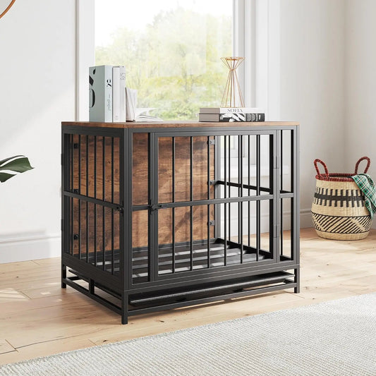 Dog Crate Furniture,Wooden Dog Kennel Indoor,Heavy Duty Dog Cage with Removable Tray, Dog House Double Doors Pet Crate Side