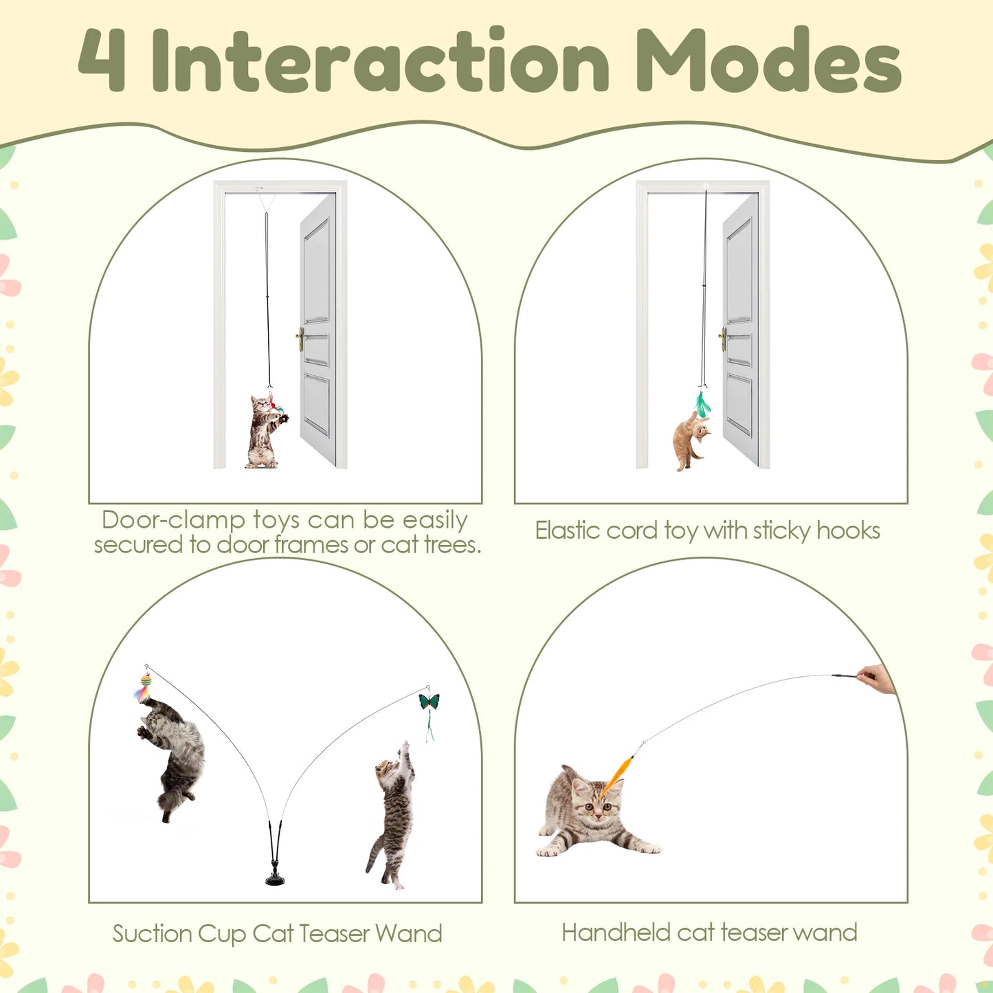 Interactive Cat Feather Toy Indoor Cat Teaser Stick with 2 Wand 11 Feather Toy Suction Cup and 2 Type Of Door Hanging Cat String