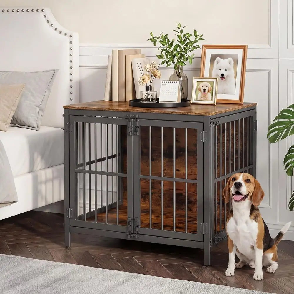 Heavy Duty Dog Crate urniture, 31.5" Wooden Indoor Kennel with 3 Do, Chew Resistant Metal Cage or Small and Medium Breeds, Dog C