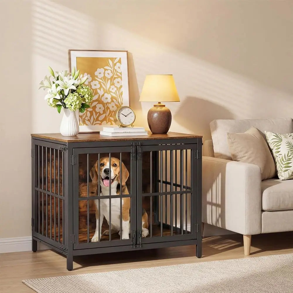 Heavy Duty Dog Crate urniture, 31.5" Wooden Indoor Kennel with 3 Do, Chew Resistant Metal Cage or Small and Medium Breeds, Dog C